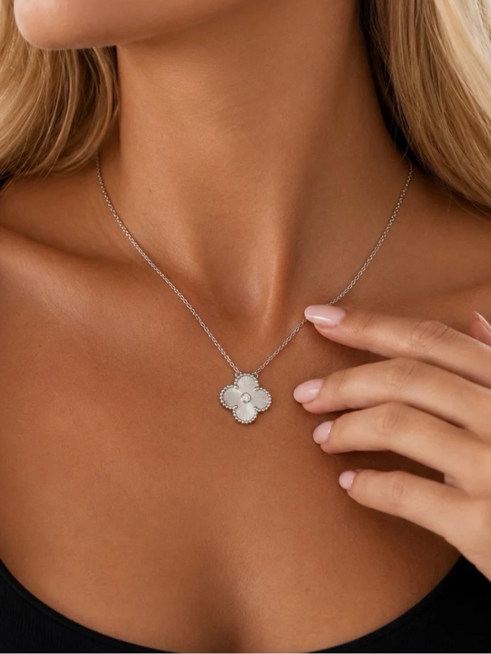 Silver Floral Pendant Necklace - Silver - Picture 3 of 5